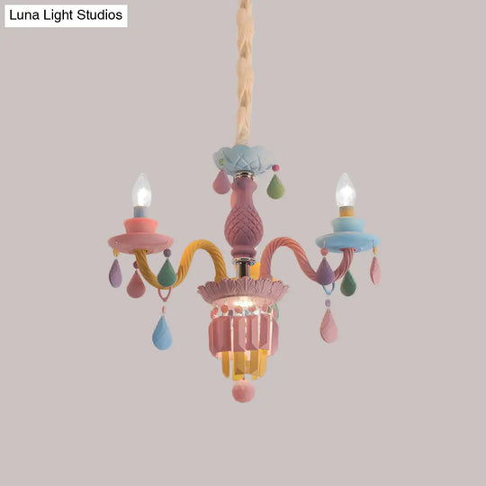 Girls Bedroom Pendant Lighting: Kids Crystal Chandelier With Curved Arm - Pink 3/5/6-Bulb Option