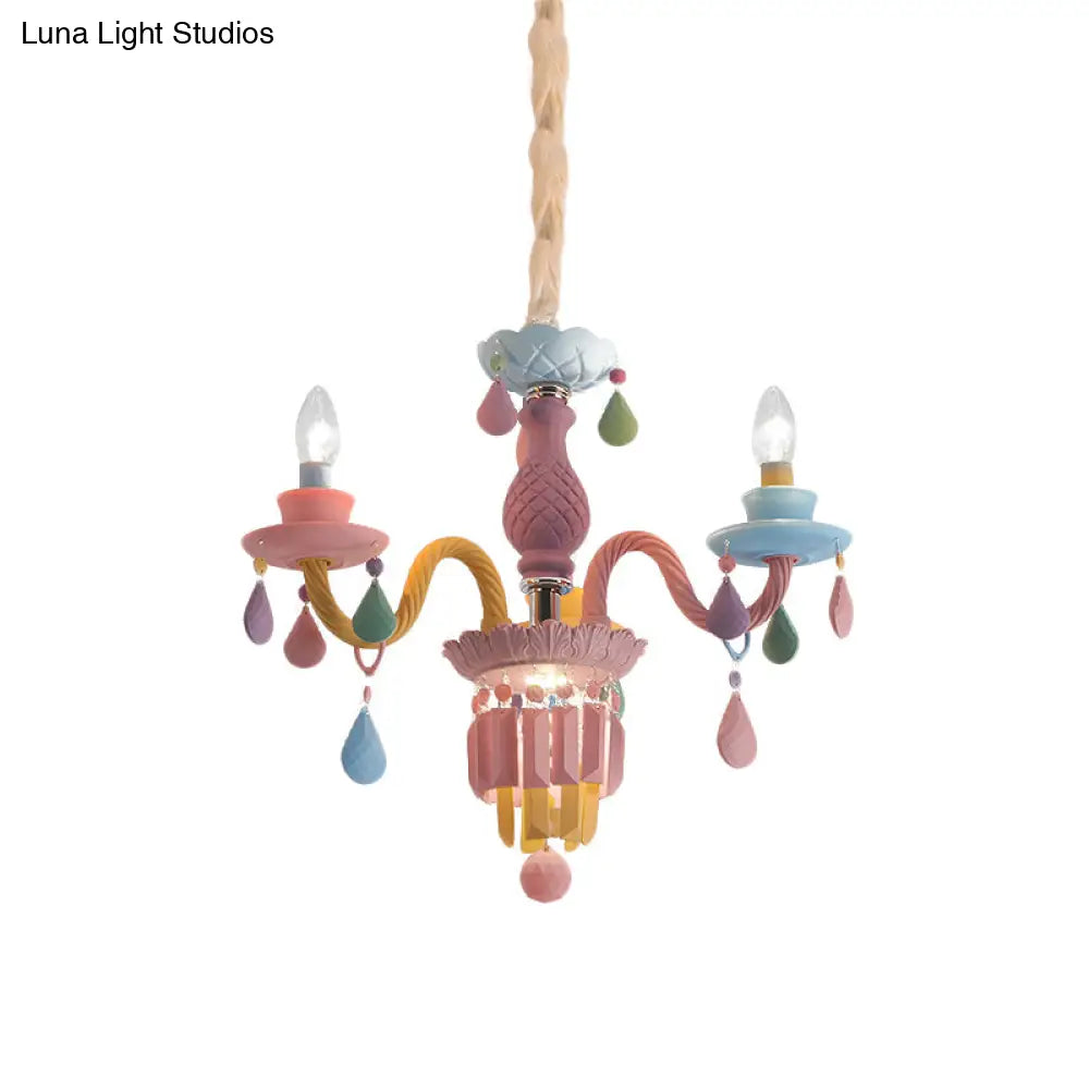 Girls Bedroom Pendant Lighting: Kids Crystal Chandelier With Curved Arm - Pink 3/5/6-Bulb Option