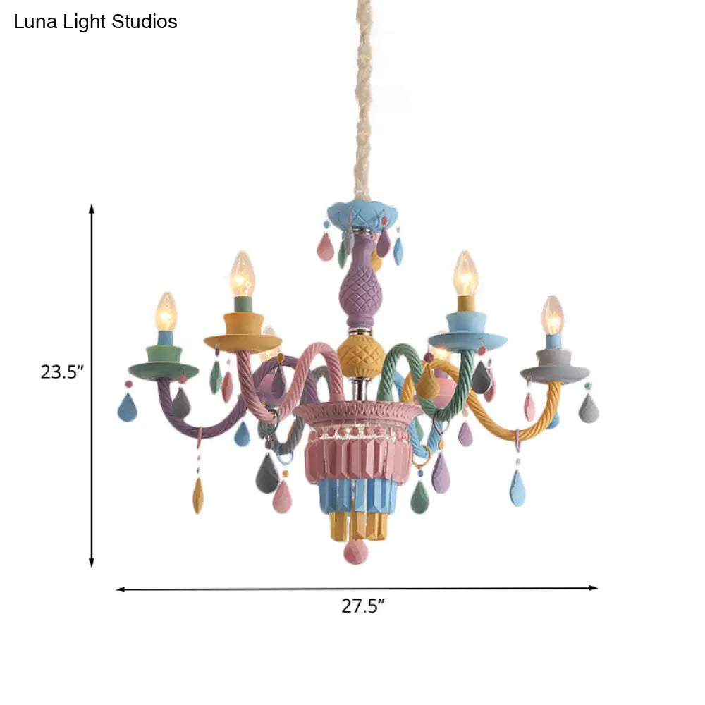 Girls Bedroom Pendant Lighting: Kids Crystal Chandelier With Curved Arm - Pink 3/5/6-Bulb Option