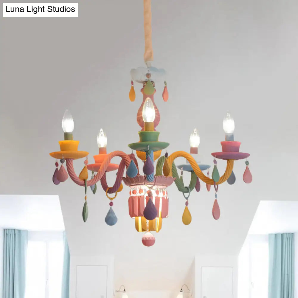 Girls Bedroom Pendant Lighting: Kids Crystal Chandelier With Curved Arm - Pink 3/5/6-Bulb Option