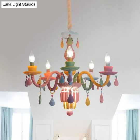 Girls Bedroom Pendant Lighting: Kids Crystal Chandelier With Curved Arm - Pink 3/5/6-Bulb Option