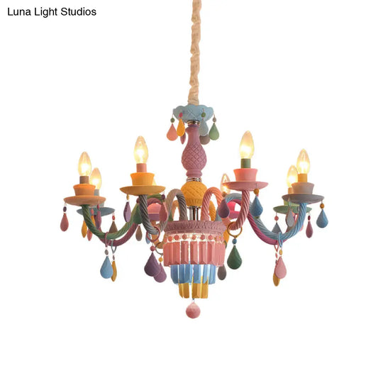 Girls Bedroom Pendant Lighting: Kids Crystal Chandelier With Curved Arm - Pink 3/5/6-Bulb Option