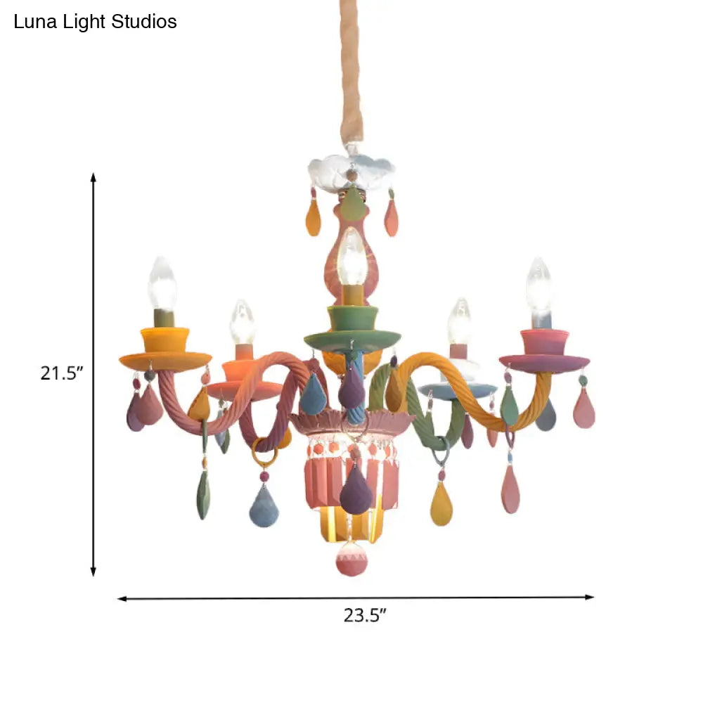 Girls Bedroom Pendant Lighting: Kids Crystal Chandelier With Curved Arm - Pink 3/5/6-Bulb Option