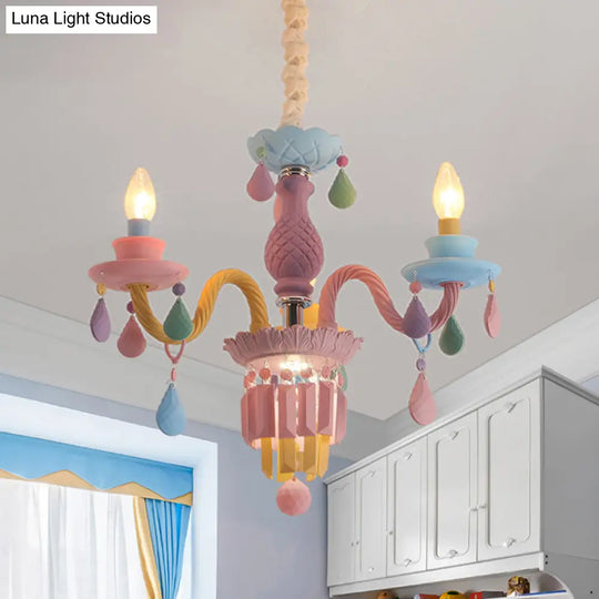 Girls Bedroom Pendant Lighting: Kids Crystal Chandelier With Curved Arm - Pink 3/5/6-Bulb Option