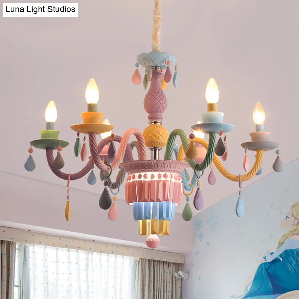 Girls Bedroom Pendant Lighting: Kids Crystal Chandelier With Curved Arm - Pink 3/5/6-Bulb Option