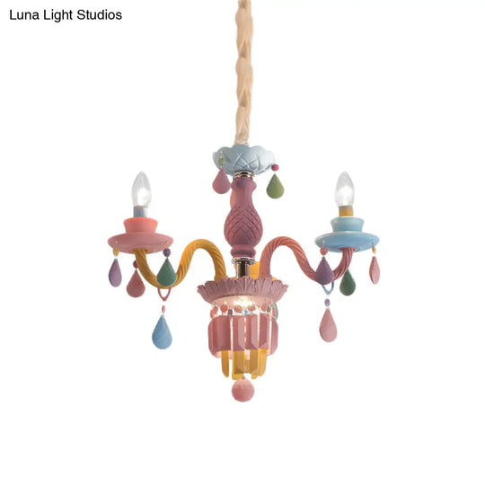 Girls Bedroom Pendant Lighting: Kids Crystal Chandelier With Curved Arm - Pink 3/5/6-Bulb Option