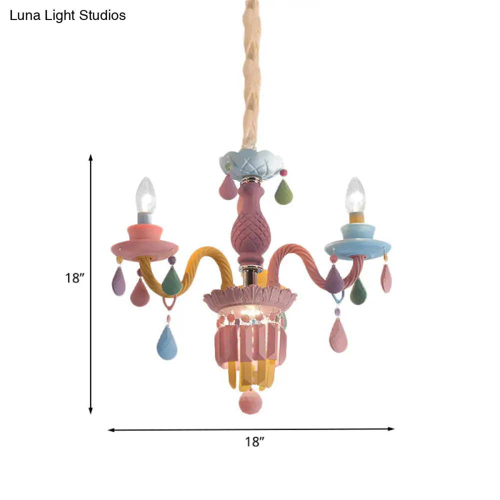 Girls Bedroom Pendant Lighting: Kids Crystal Chandelier With Curved Arm - Pink 3/5/6-Bulb Option