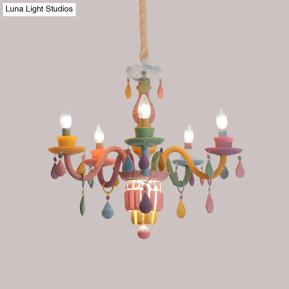 Girls Bedroom Pendant Lighting: Kids Crystal Chandelier With Curved Arm - Pink 3/5/6-Bulb Option