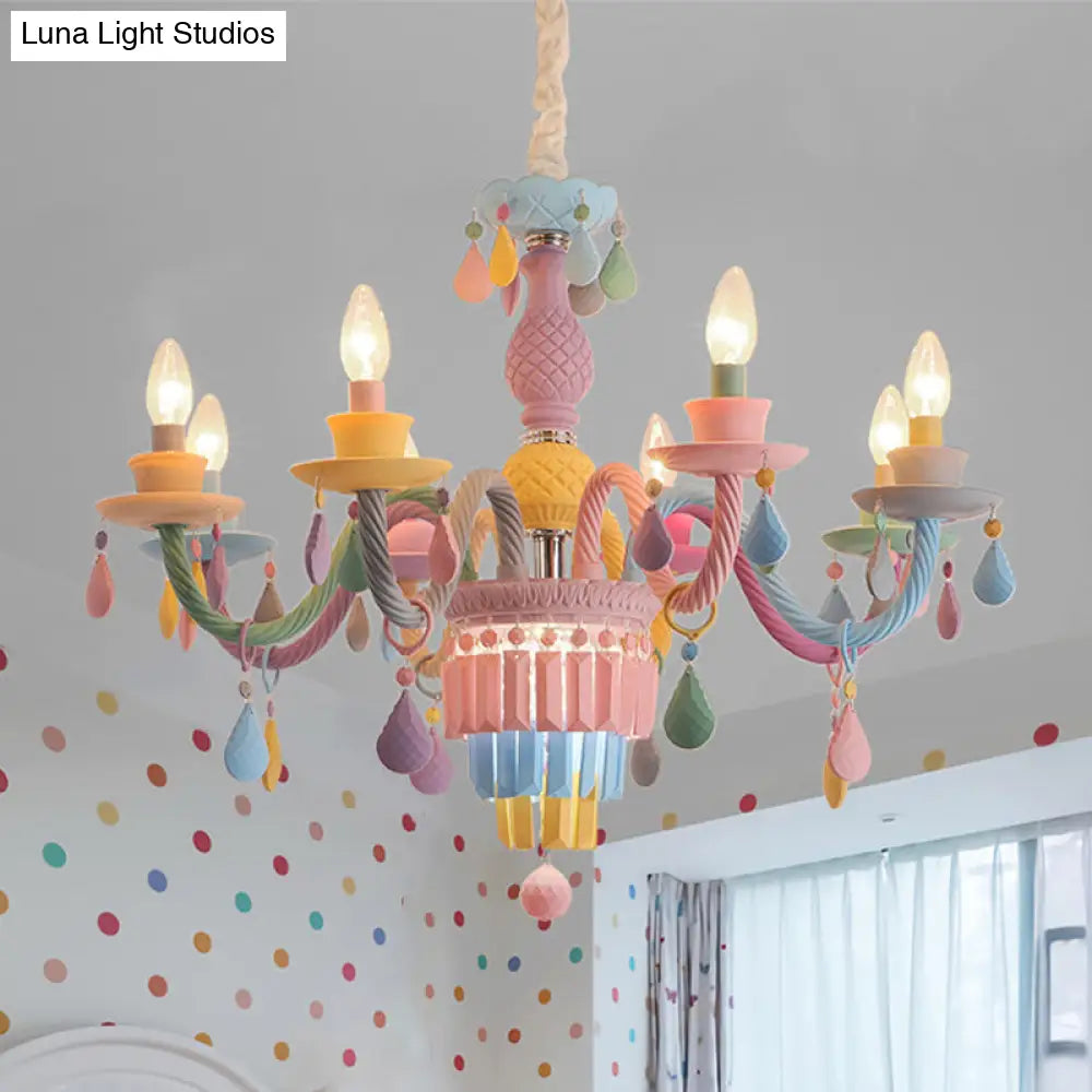 Girls Bedroom Pendant Lighting: Kids Crystal Chandelier With Curved Arm - Pink 3/5/6-Bulb Option