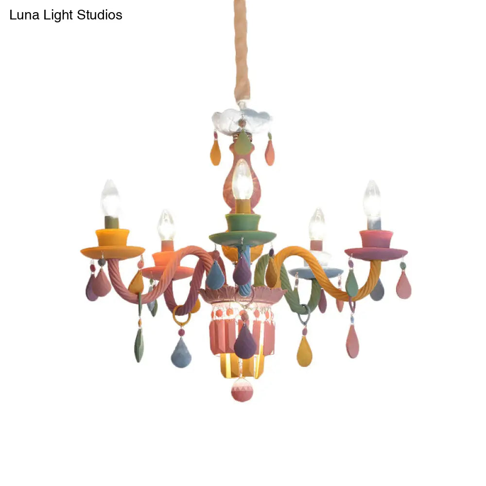 Girls Bedroom Pendant Lighting: Kids Crystal Chandelier With Curved Arm - Pink 3/5/6-Bulb Option