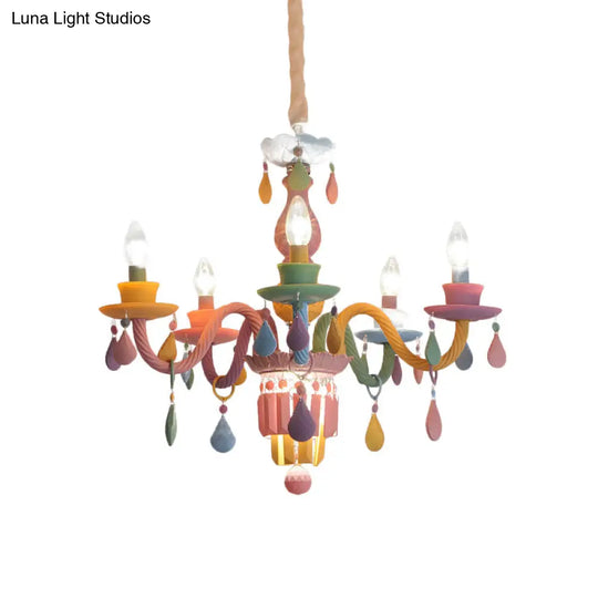 Girls Bedroom Pendant Lighting: Kids Crystal Chandelier With Curved Arm - Pink 3/5/6-Bulb Option