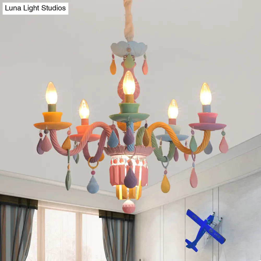 Girls Bedroom Pendant Lighting: Kids Crystal Chandelier With Curved Arm - Pink 3/5/6-Bulb Option