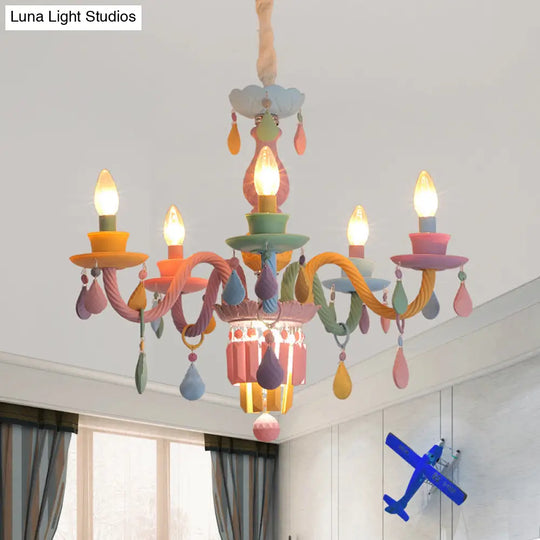 Girls Bedroom Pendant Lighting: Kids Crystal Chandelier With Curved Arm - Pink 3/5/6-Bulb Option