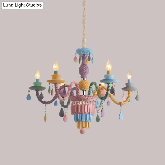 Girls Bedroom Pendant Lighting: Kids Crystal Chandelier With Curved Arm - Pink 3/5/6-Bulb Option