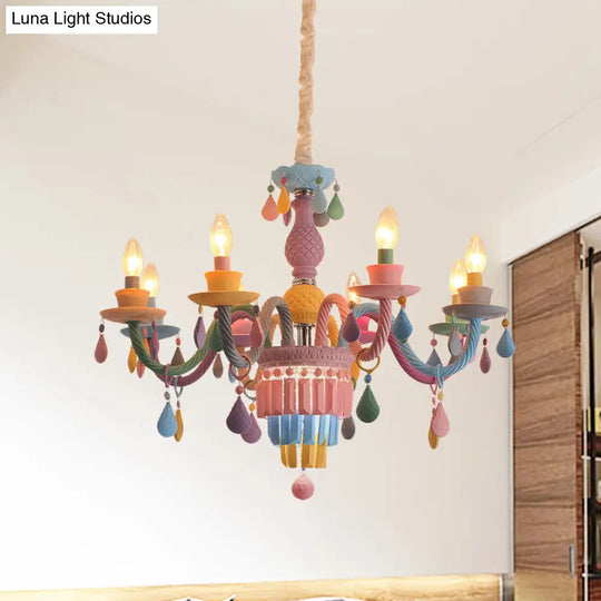 Girls Bedroom Pendant Lighting: Kids Crystal Chandelier With Curved Arm - Pink 3/5/6-Bulb Option