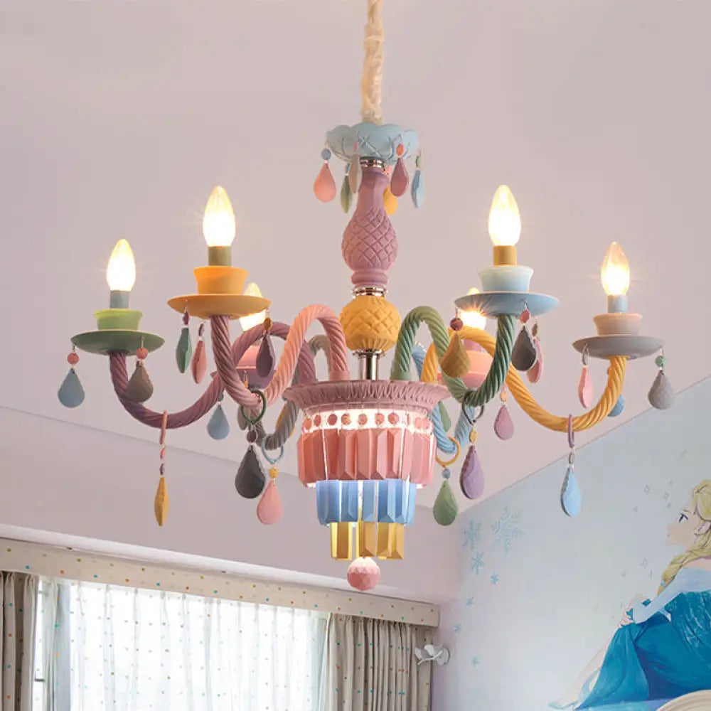 Girls Bedroom Pendant Lighting: Kids Crystal Chandelier With Curved Arm - Pink 3/5/6-Bulb Option 6 /