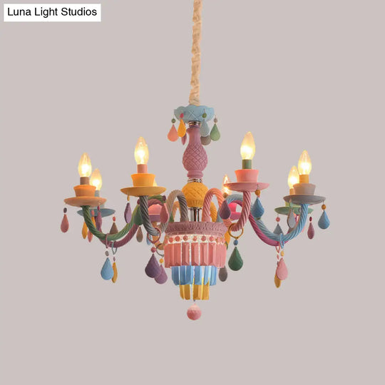 Girls Bedroom Pendant Lighting: Kids Crystal Chandelier With Curved Arm - Pink 3/5/6-Bulb Option