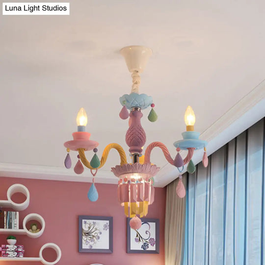 Girls Bedroom Pendant Lighting: Kids Crystal Chandelier With Curved Arm - Pink 3/5/6-Bulb Option