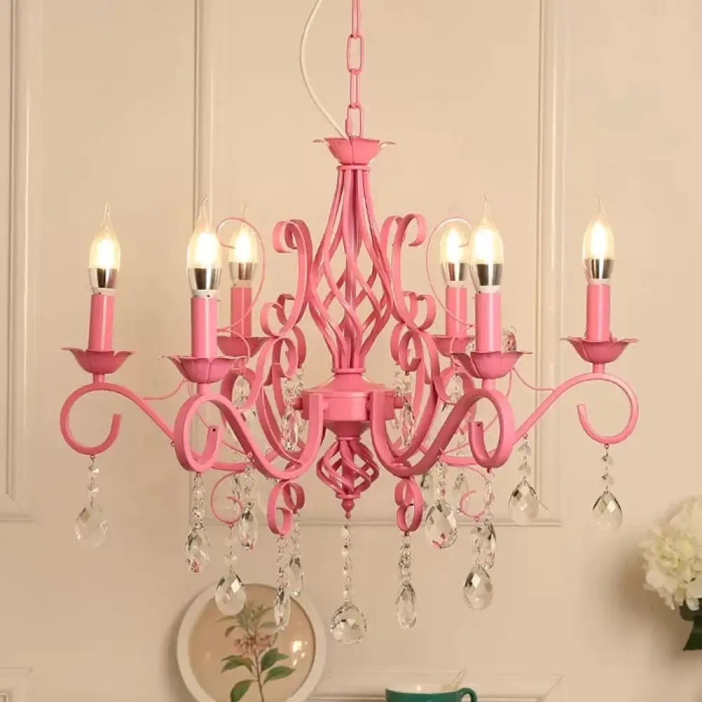 Girls Pink Bedroom Chandelier Ceiling Light With Candle And Crystal Accents - Modern Style 6 /