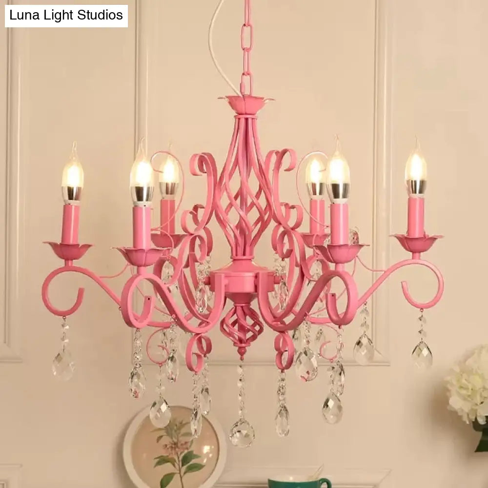 Girls Pink Bedroom Chandelier Ceiling Light With Candle And Crystal Accents - Modern Style