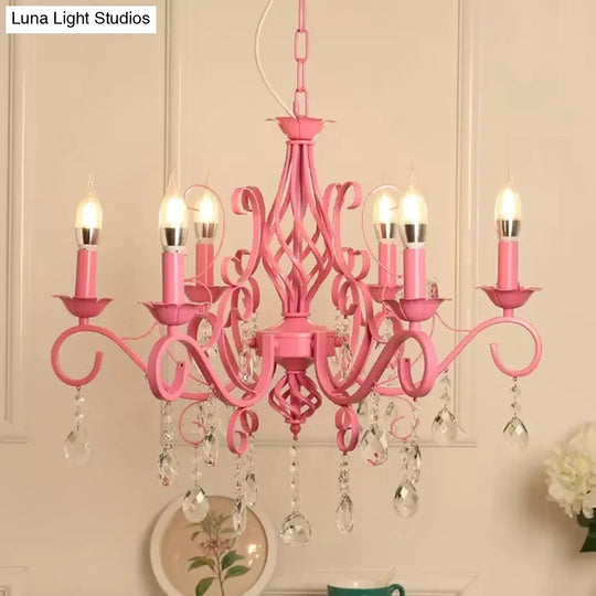 Girls Pink Bedroom Chandelier Ceiling Light With Candle And Crystal Accents - Modern Style