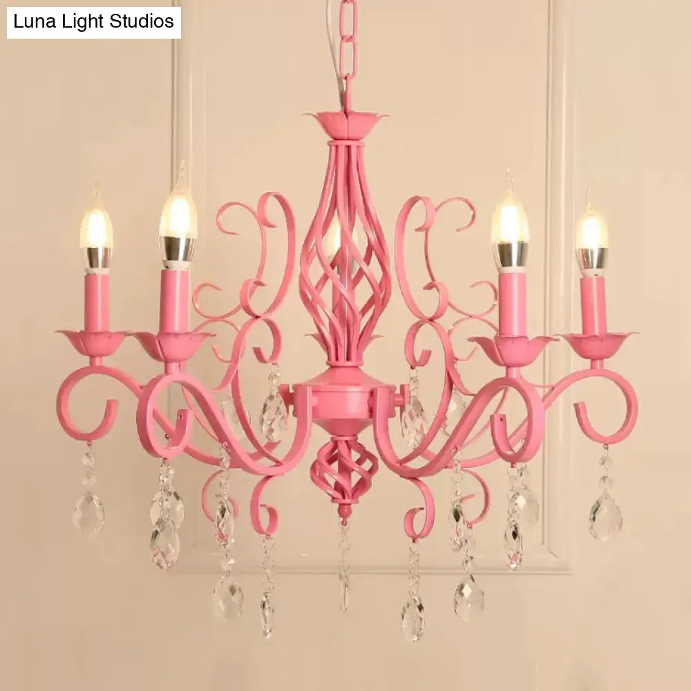 Girls Pink Bedroom Chandelier Ceiling Light With Candle And Crystal Accents - Modern Style