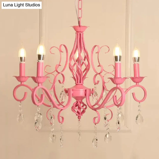 Girls Pink Bedroom Chandelier Ceiling Light With Candle And Crystal Accents - Modern Style