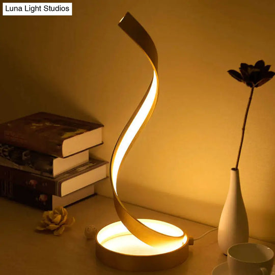 Gold Spiral Ribbon Led Task Lamp - Contemporary Metallic Bedroom Night Table Light