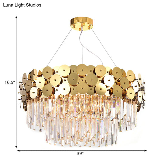 Glam Gold Metal Chandelier With Tier Crystal Rods And Drum Shade Ceiling Light