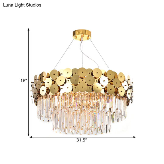 Glam Gold Metal Chandelier With Tier Crystal Rods And Drum Shade Ceiling Light