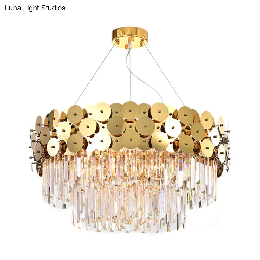 Glam Gold Metal Chandelier With Tier Crystal Rods And Drum Shade Ceiling Light