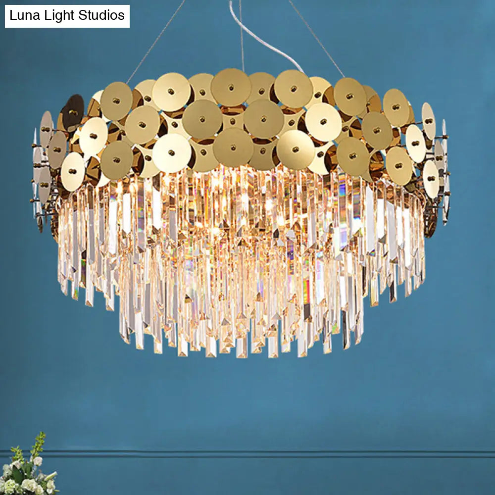 Glam Gold Metal Chandelier With Tier Crystal Rods And Drum Shade Ceiling Light