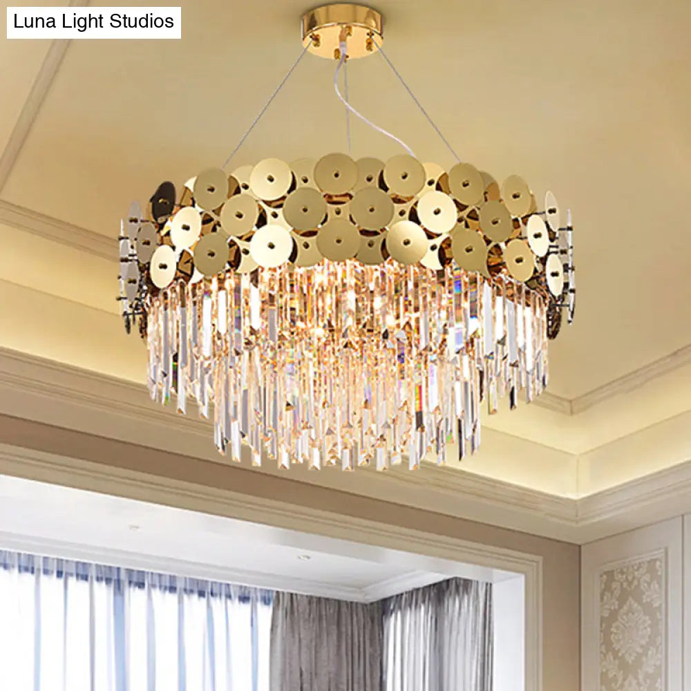 Glam Gold Metal Chandelier With Tier Crystal Rods And Drum Shade Ceiling Light