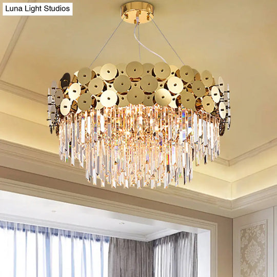 Glam Gold Metal Chandelier With Tier Crystal Rods And Drum Shade Ceiling Light