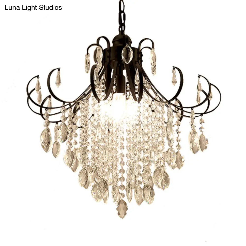 Glam Teardrop Pendant Light With Metal Curved Arm And Cascading Crystal Strands