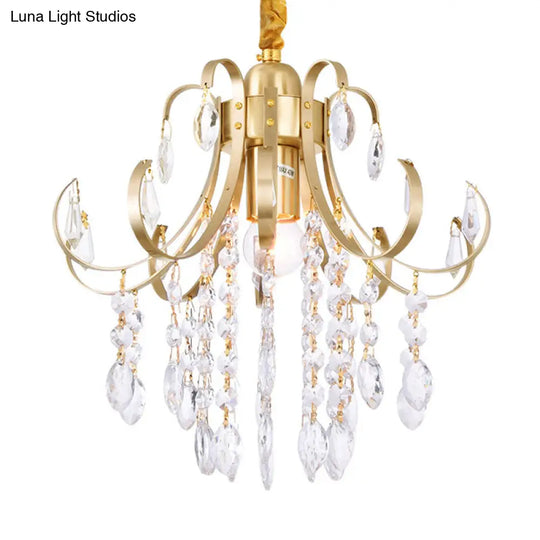 Glam Teardrop Pendant Light With Metal Curved Arm And Cascading Crystal Strands