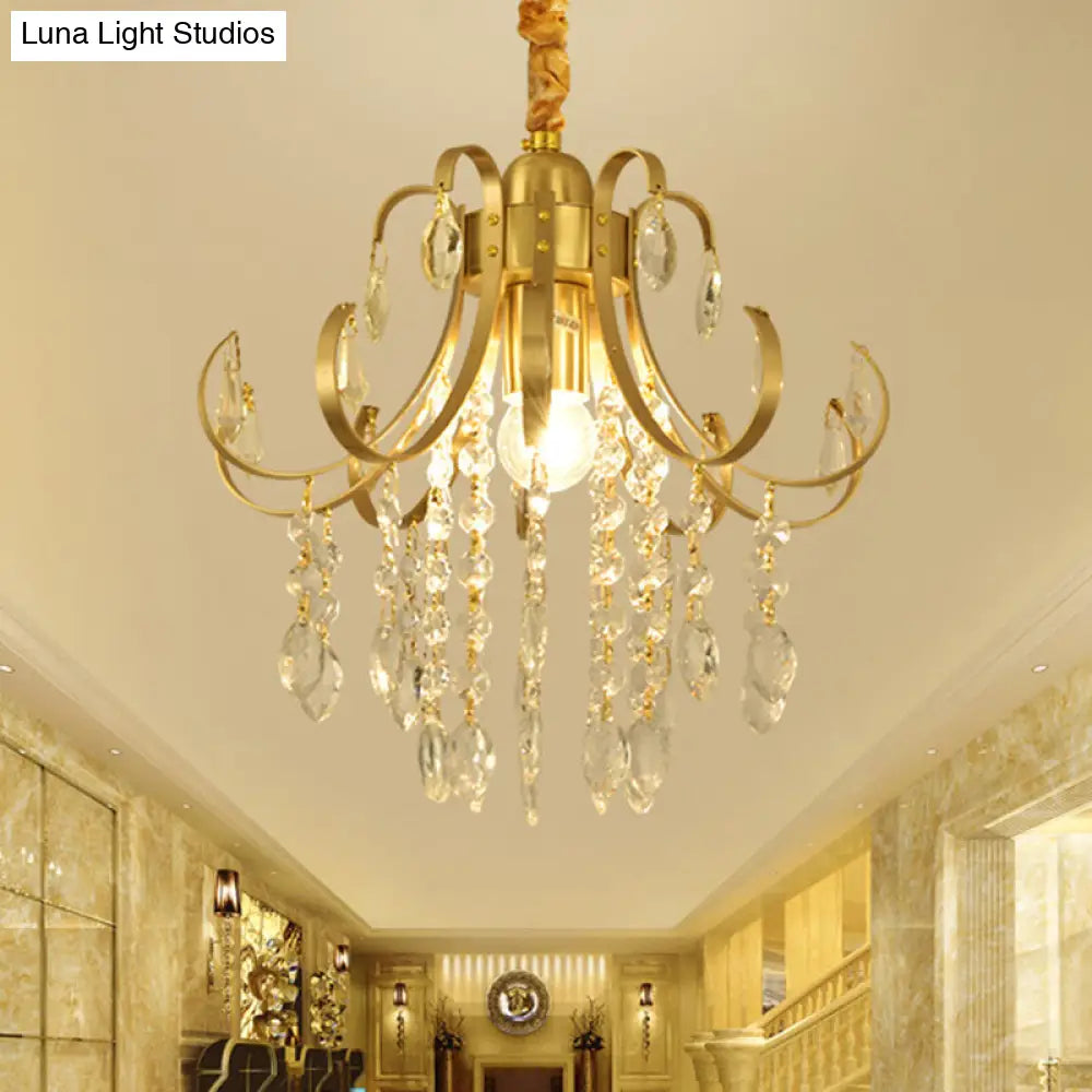 Glam Teardrop Pendant Light With Metal Curved Arm And Crystal Strands Chandelier Gold