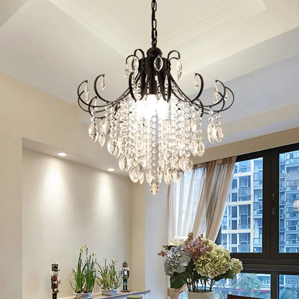 Glam Teardrop Pendant Light With Metal Curved Arm And Cascading Crystal Strands Black