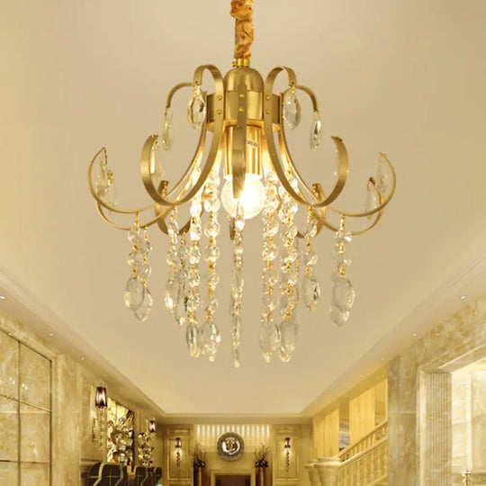 Glam Teardrop Pendant Light With Metal Curved Arm And Cascading Crystal Strands Gold