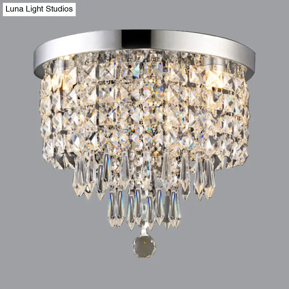 Glamorous Crystal Drum Ceiling Light In Chrome - Flush Mount Fixture