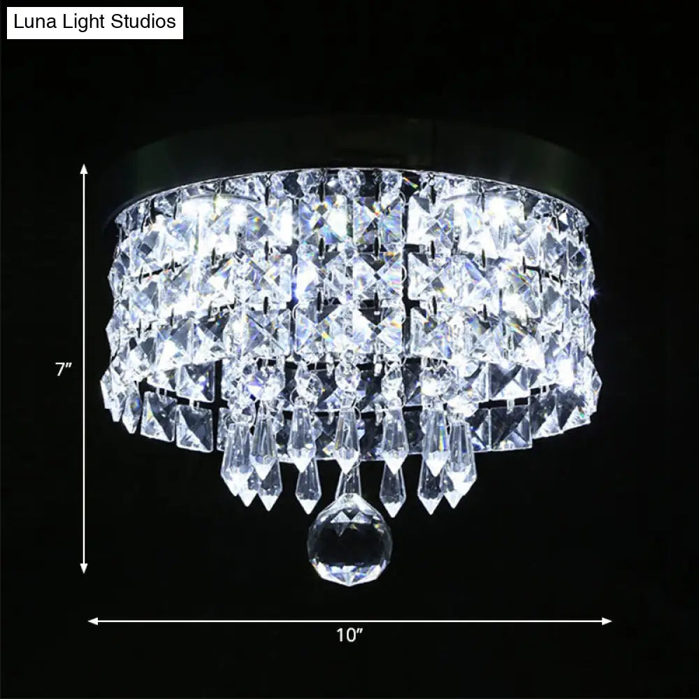 Glamorous Crystal Drum Ceiling Light In Chrome - Flush Mount Fixture