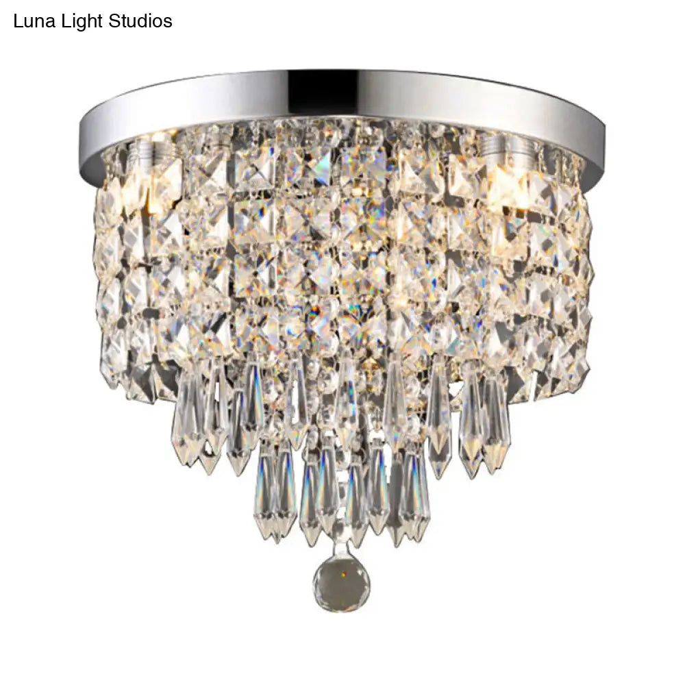 Glamorous Crystal Drum Ceiling Light In Chrome - Flush Mount Fixture