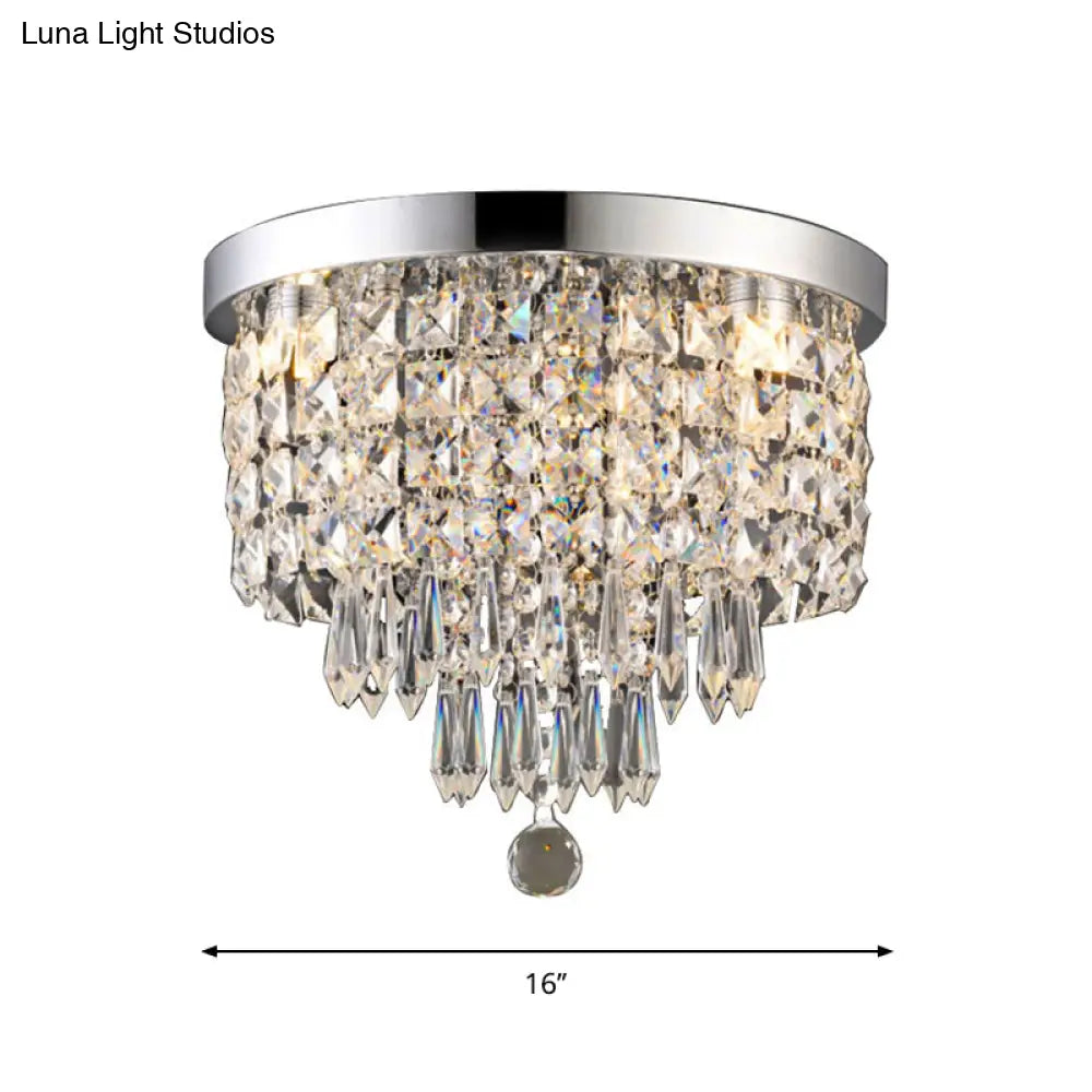 Glamorous Crystal Drum Ceiling Light In Chrome - Flush Mount Fixture