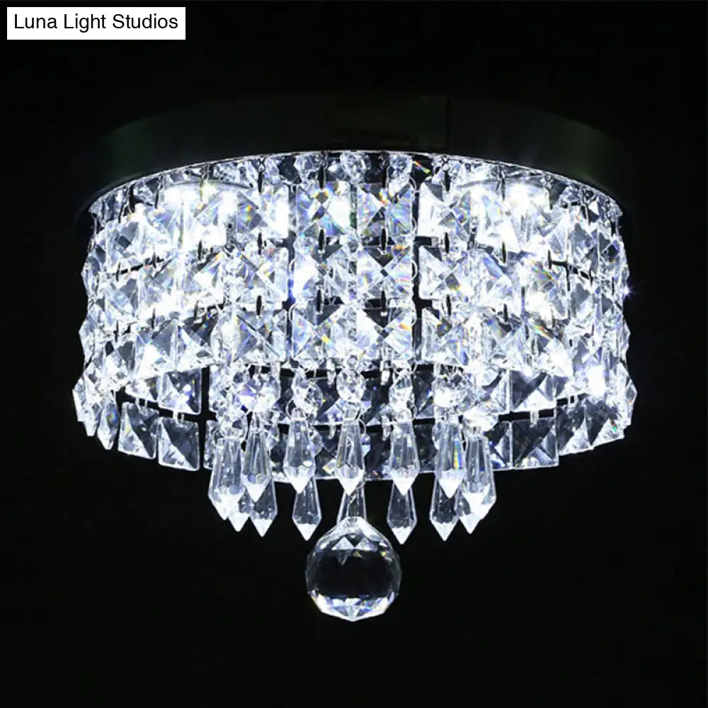 Glamorous Crystal Drum Ceiling Light In Chrome - Flush Mount Fixture