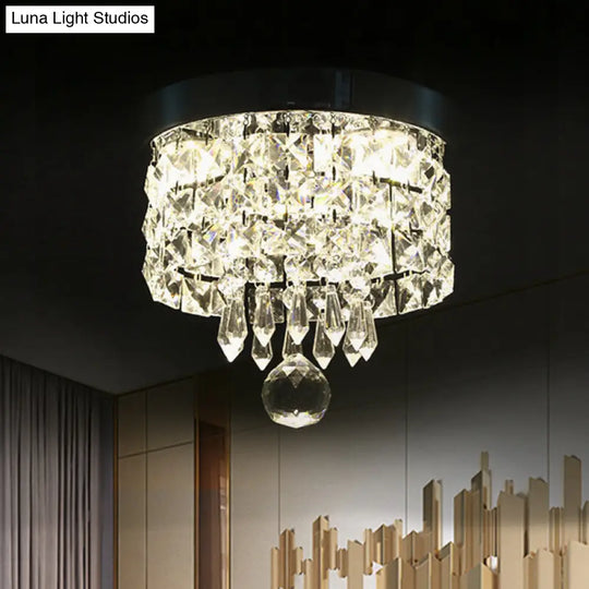 Glamorous Crystal Drum Ceiling Light In Chrome - Flush Mount Fixture Clear / 8 White