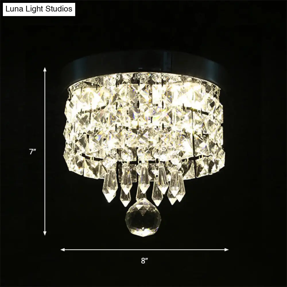 Glamorous Crystal Drum Ceiling Light In Chrome - Flush Mount Fixture