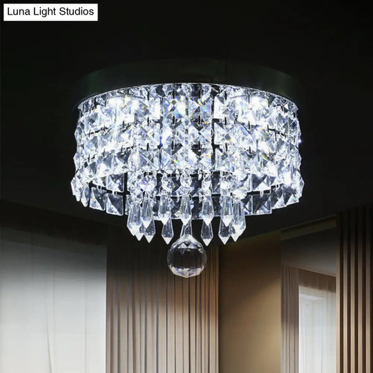 Glamorous Crystal Drum Ceiling Light In Chrome - Flush Mount Fixture