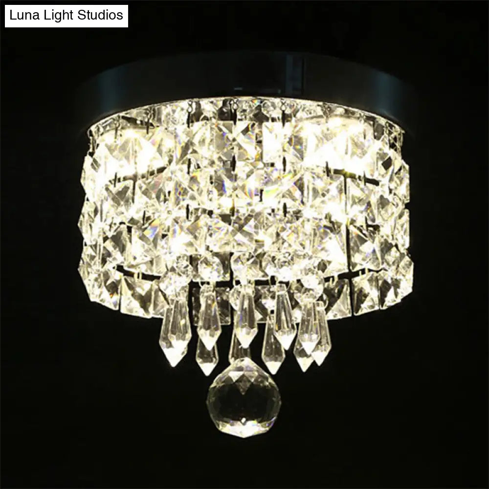 Glamorous Crystal Drum Ceiling Light In Chrome - Flush Mount Fixture