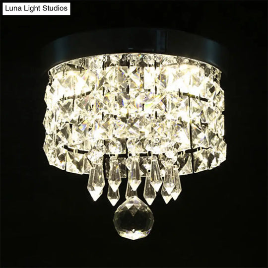 Glamorous Crystal Drum Ceiling Light In Chrome - Flush Mount Fixture