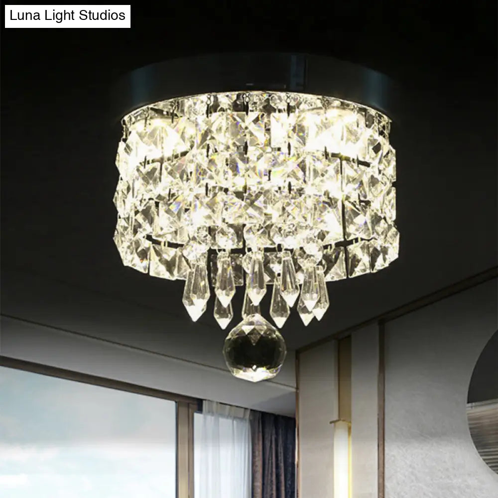 Glamorous Crystal Drum Ceiling Light In Chrome - Flush Mount Fixture